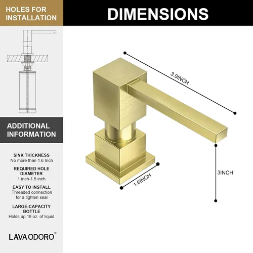 Miniatura 3 de Lava Odoro Dispensador de jabón para fregadero de cocina, dispensador de jabón dorado para fregadero, moderno y cuadrado integrado para fregadero