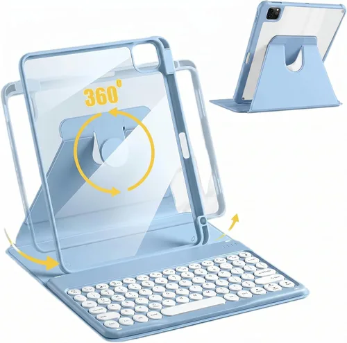 Funda para iPad de 9ª/8ª/7ª generación con teclado de 10.2 pulgadas, cubierta inteligente giratoria con teclado redondo magnético desmontable, azul