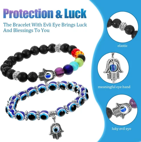 Miniatura 2 de 2 pulseras de mal de ojo, pulsera de mano de Fátima, pulsera de 7 chakras, pulsera elástica de cuentas contra el mal de ojo, pulsera de piedras