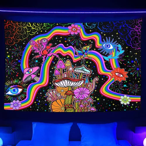 Miniatura 8 de NiYoung Tapiz Trippy para colgar en la pared, luz negra, arco iris, flores coloridas, ojos, estrellas, plantas mágicas, neón reactivo a los rayos