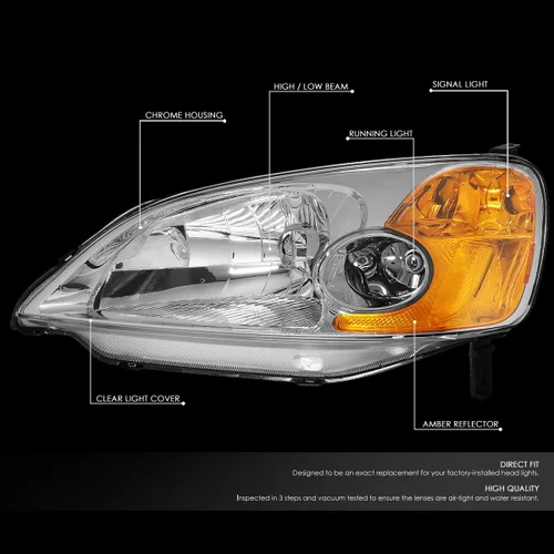 Miniatura 2 de DNA MOTORING Juego de faros compatible con Honda Civic Sedan/Coupe 01-03, Cromo/Ámbar, HL-OH-HC01-CH-AM