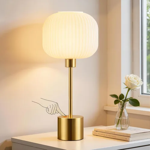Miniatura 8 de QiMH - Lámpara de mesa de vidrio para sala de estar, lámpara de mesita moderna con pantalla de vidrio acanalada verde, lámpara de mesita de noche