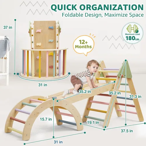 Miniatura 4 de Juego de triángulos Pikler 3 en 1, juego de juguetes de escalada triangulares Pikler para niños pequeños, juguetes de escalada de madera para niños