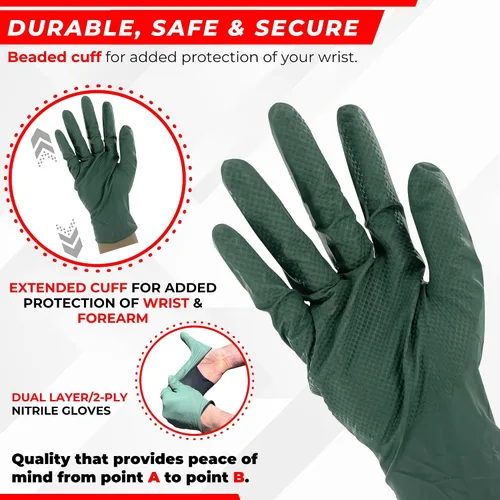 Miniatura 4 de Guantes industriales de nitrilo de 2 capas de 8.5 milésimas de pulgada de grosor, desechables, resistentes a desgarros, textura de diamante elevado