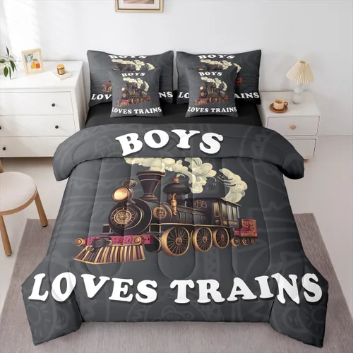 Miniatura 22 de Feelyou Juego de edredón de tren vintage de 7 piezas, diseño retro de motor de vapor para niños y niñas, juego de ropa de cama retro de tren