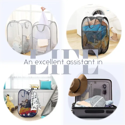 Miniatura 7 de Cestos de lavandería desplegables, cesta desplegable de malla, cesta plegable y ligera para lavar ropa duradera para dormitorio, hogar, viajes, Negro