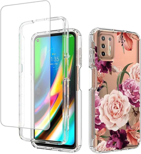 Funda para Moto G9 Plus, Motorola G9+ XT2087-1 con protector de pantalla de vidrio templado, funda protectora de cuerpo completo con patrón floral
