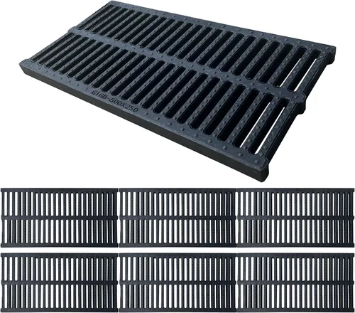 Paquete de 6 rejillas de drenaje de canal de plástico de polímero, 19.7 x 9.8 x 1 pulgadas, cubierta de zanja duradera, longitud total de 118