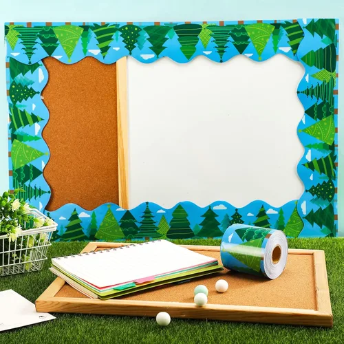 Miniatura 4 de Eaasty Tablero de anuncios de campamento de 69 pies, bordes de árbol, bosque, aula, borde festoneado, pinos, bordes, decoración de papel enrollado