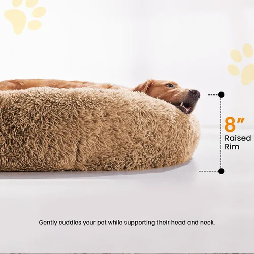 Miniatura 3 de Camas calmantes para perros grandes, cama para perros acolchonada de dona de piel sintética, almohada redonda y esponjosa, cama lavable para Marrón