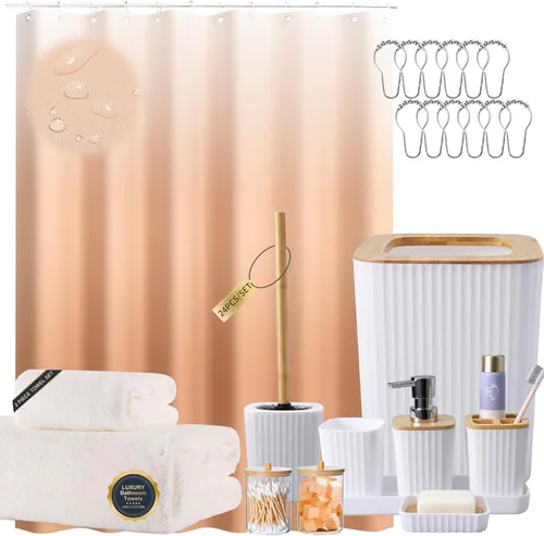 Miniatura 48 de XLHOMO - Juego de baño beige de plástico de 9 piezas, con basurero, dispensador de jabón, portacepillos de dientes, vaso, jabonera, cepillo