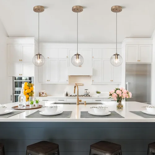 Miniatura 3 de Iluminación colgante dorada para isla de cocina, lámpara colgante moderna con pantalla de vidrio sembrado y cable transparente para vestíbulo