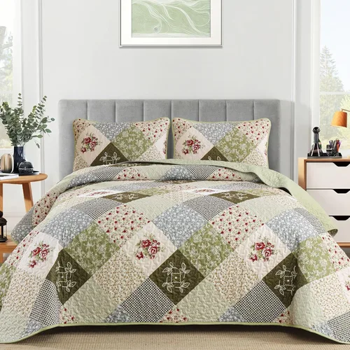 Miniatura 12 de Dinjoy Juego de edredón floral a cuadros de retazos tamaño California King, juego de ropa de cama reversible marrón de microfibra suave, colcha