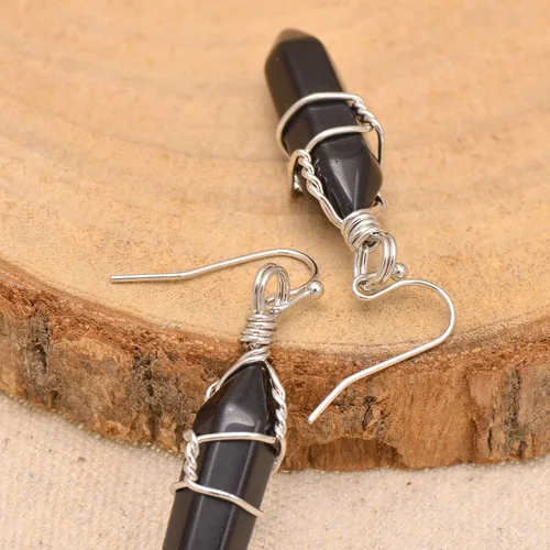 Miniatura 25 de Pendientes de cristal de punta envuelta en alambre de piedra pulida para mujer Reiki Energy Healing