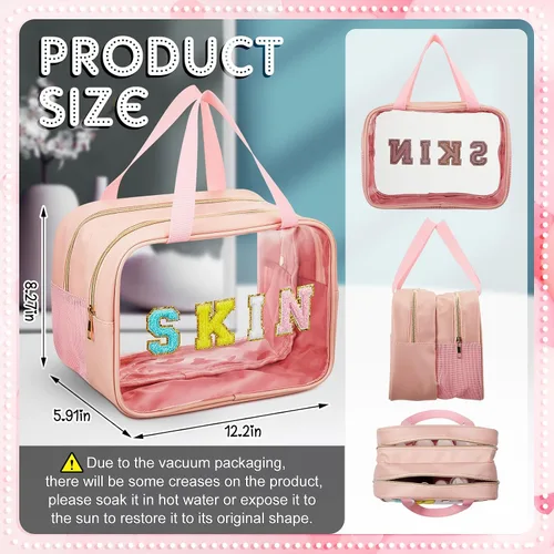 Miniatura 3 de Geetery Bolsa de maquillaje transparente de doble capa con parche de letras grandes de chenilla, con asa práctica, organizador de cosméticos