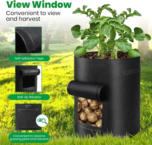 Miniatura 6 de Paquete de 6 bolsas de cultivo de papas, bolsas de plantación de 10 galones, macetas grandes de tela con ventana de solapa, maceta de jardín, Negro