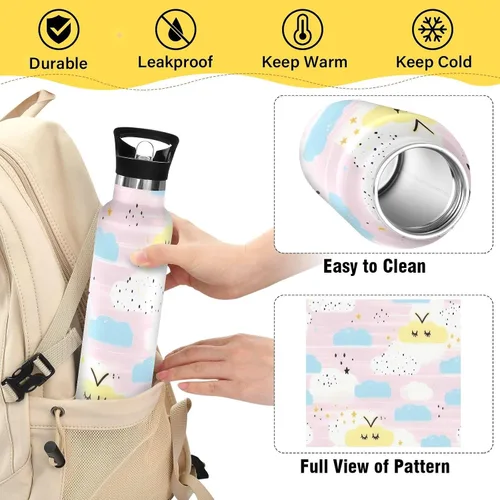 Miniatura 4 de Cartoon Cute Pastel Clouds BPA-Free Leak Proof Insulated Water Bottle with Straw Double-Wall Vacuum Insulation for Sports, Travel, and School