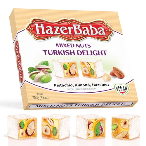 Miniatura 10 de Hazer Baba Delicias Turcas, Caja de bocadillos gourmet con nueces mixtas y sabor a vainilla, bocadillo tradicional vegano, Lokum turco, dulces
