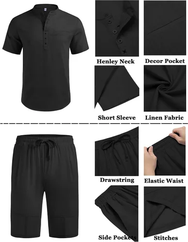 Miniatura 5 de COOFANDY Conjunto de 2 piezas de lino para hombre, camisas y pantalones cortos Henley de manga corta y pantalones cortos de verano para playa y yoga