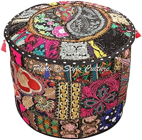 Funda decorativa vintage para puf bordada, puf otomano bordado, negro, algodón, floral, muebles tradicionales, reposapiés (22 x 22 x 14), puf para