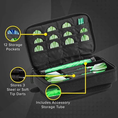 Miniatura 3 de Casemaster Plazma Plus, 3 dardos para dardos suaves y de acero con bolsillo frontal grande para dispositivos móviles, tubo de almacenamiento Negro