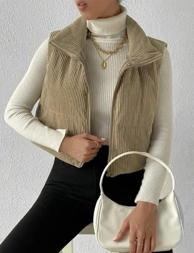 Miniatura 3 de Gihuo Chaleco acolchado de pana para mujer, con cuello alto, con cremallera, acolchado, sin mangas, chaleco