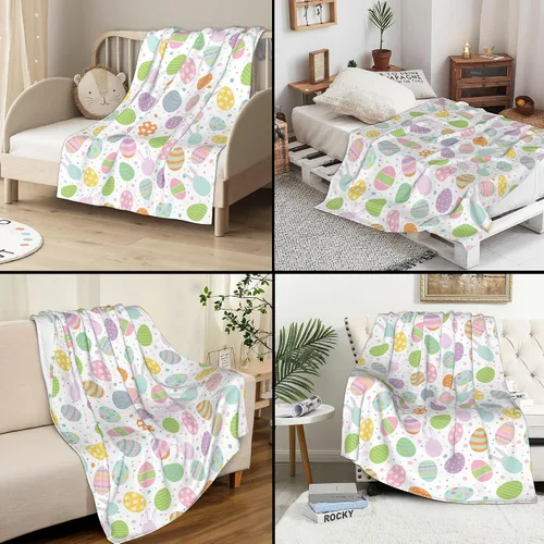 Miniatura 2 de Manta de conejo de Pascua súper suave de franela con elemento de Pascua, linda cola de conejo, huevos coloridos, árbol verde azulado, manta cálida