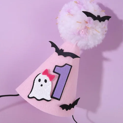 Miniatura 8 de Sombrero de fantasma rosa de Halloween para primer cumpleaños con murciélagos, corona espeluznante de un cumpleaños, bonita decoración de Halloween