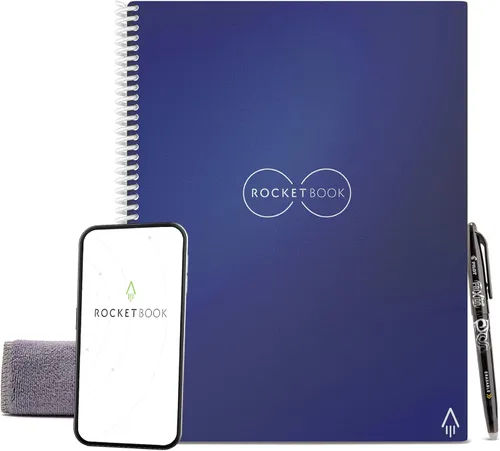 Rocketbook Core - Cuaderno de espiral reutilizable, tamaño carta de 8.5 x 11 pulgadas, color azul marino, páginas punteadas, conectadas a la