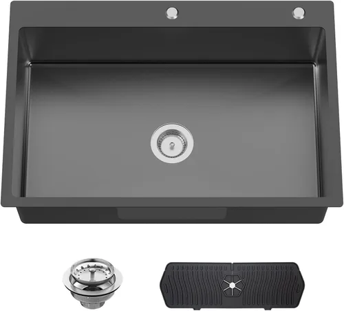 Miniatura 22 de Fregadero Negro de Cocina y Bar, Fregadero de Cocina de Acero Inoxidable de 15 x 17 Pulgadas para Empotrar, Fregadero de Bar Moderno de Un Solo