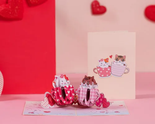 Miniatura 2 de Paper Love Tarjeta romántica desplegable 3D, taza de gato con amor, para el día de la madre, día de San Valentín, aniversario, boda, compromiso
