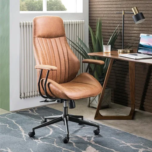 ovios Silla de oficina ergonómica, respaldo alto de piel sintética con reposabrazos, cómodo sillón giratorio moderno de mediados de siglo para Marrón