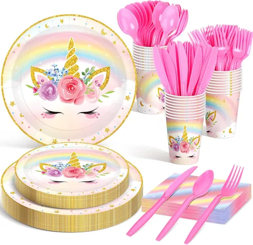 Miniatura 10 de Meanplan 168 piezas de decoración de fiesta de princesa, platos y servilletas de princesa, juego de vajilla desechable de castillo para niñas