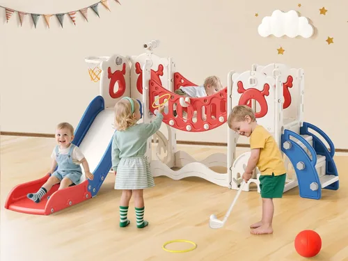 Miniatura 10 de Tobogán para niños, juego 10 en 1 para niños pequeños, nueva actualización con tobogán para niños, tabla de dibujo, juego de golf, aro de baloncesto
