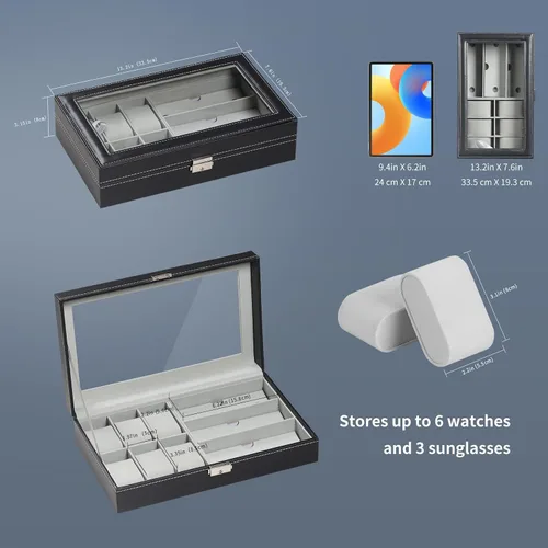 Miniatura 2 de AUTOARK AW-004 - Caja de cuero para 6 relojes y 3 lentes y gafas de sol con organizador de joyas, cajas de almacenamiento para hombre y mujer, tapa