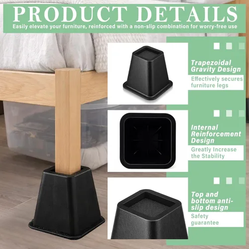 Miniatura 3 de Novabright Paquete de 4 elevadores de cama para dormitorio universitario de 6 pulgadas, extensores de cama de plástico extra resistentes, apilables