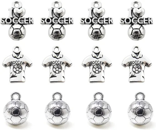 Honbay 60 dijes deportivos de bola de aleación, dijes de fútbol con texto en inglés "I Love Soccer Soccer Jersey", colección de dijes deportivos de