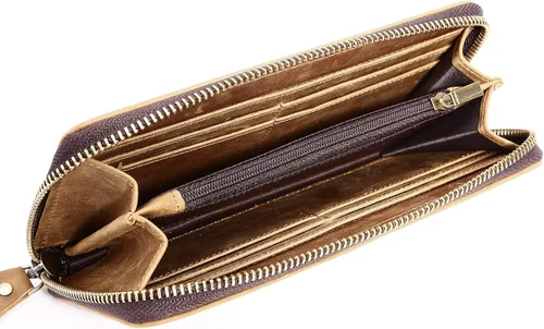 Miniatura 3 de Cartera larga para hombre de piel auténtica con cierre RFID bloqueo Vintage Bifold