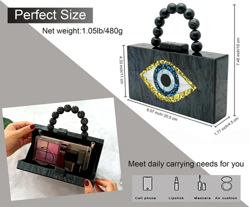 Miniatura 4 de NUSTTAL Evil Eye Clutch Purse Acrylic Clutch Marble Evening Handbag for Women with Pearl Handle