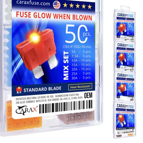 CARAX Fusible incandescente – Fusible premium estándar/hoja regular ATC/ATO/ATS – 50 piezas – Kit surtido – Fusible automotriz LED resplandor al