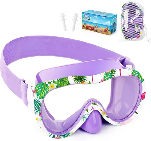 Miniatura 17 de Gafas de natación para niños con cubierta para la nariz, máscara de esnórquel panorámica de 180° con diseño antivaho y antifugas, correa de tela