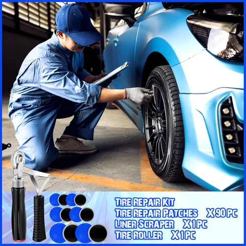 Miniatura 4 de Tallew 90 piezas Kit de parches de neumáticos 32 mm 42 mm 58 mm Unidad de reparación de neumáticos con rodillo y raspador de forro, parche de tubo