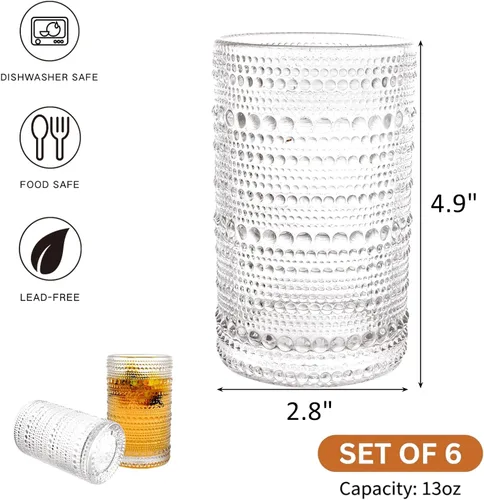 Miniatura 2 de ZOOFOX Juego de 6 vasos de bebida vintage, vasos transparentes de 13 onzas, cristalería con diseño en relieve para bebidas, agua, jugo, cerveza