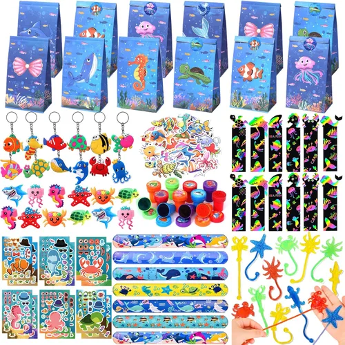 Winrayk 148 piezas de regalos de fiesta bajo el mar, suministros de cumpleaños, bolsa de regalo de animales del océano del mar, marcapáginas de mano