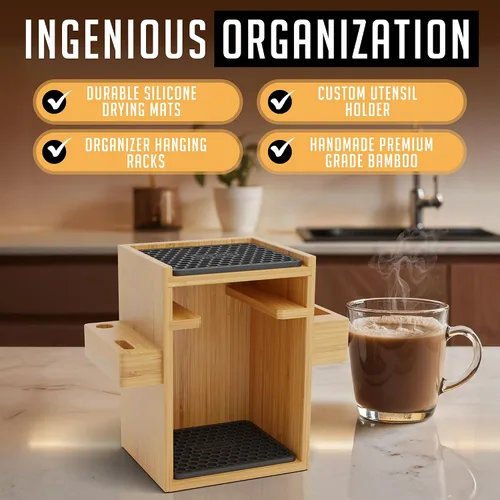 Miniatura 5 de HEXNUB Soporte organizador compacto AeroPress, organizador de café de bambú para cafetera AeroPress, accesorios, filtros, tazas, incluye