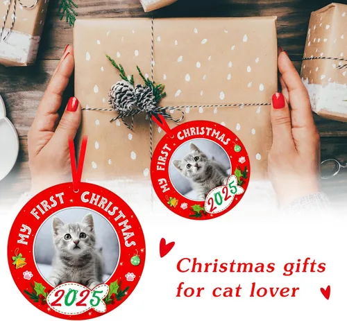 Miniatura 7 de PETCEE Adornos de gato para árbol de Navidad - Mi Primera Navidad Ornamento 2025 Marco de fotos de gatito Adornos personalizados para colgar fotos