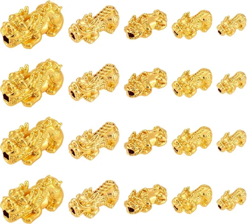 Miniatura 7 de Craftdady 20 cuentas espaciadoras Pixiu chapadas en oro de 24 quilates, aleación de metal 3D, cuentas Fengshui, 5 tamaños para atraer riqueza, buena