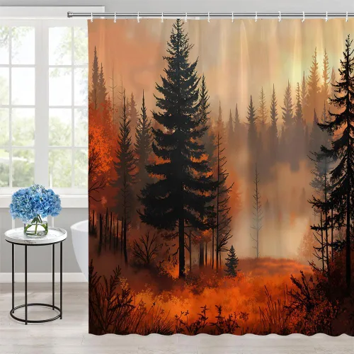 Miniatura 2 de Cortina de ducha de árbol del bosque otoñal, Halloween, bosque brumoso, pino, montaña, niebla, selva, terror, otoño, país de las maravillas, juego