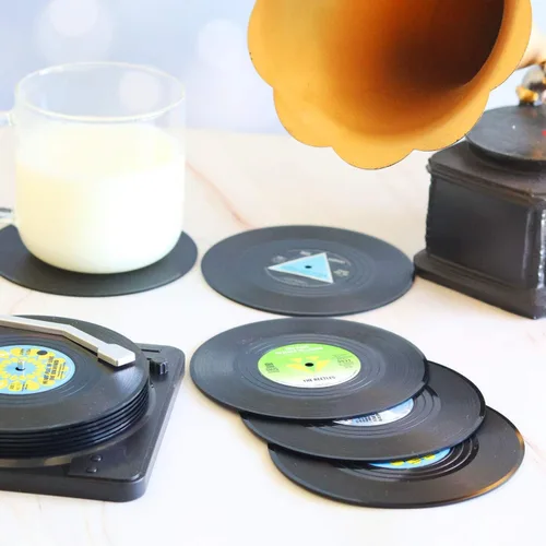 Miniatura 9 de Divertidos posavasos retro para bebidas con soporte para reproductor de vinilo, juego de 6 posavasos de elefante blanco para amantes de la música