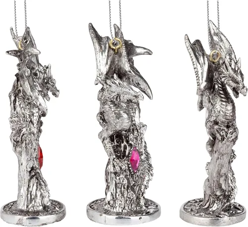 Miniatura 5 de Design Toscano - Juego de adornos de 3 dragones de Amesbury montados en piedras preciosas, color plateado, Navidad